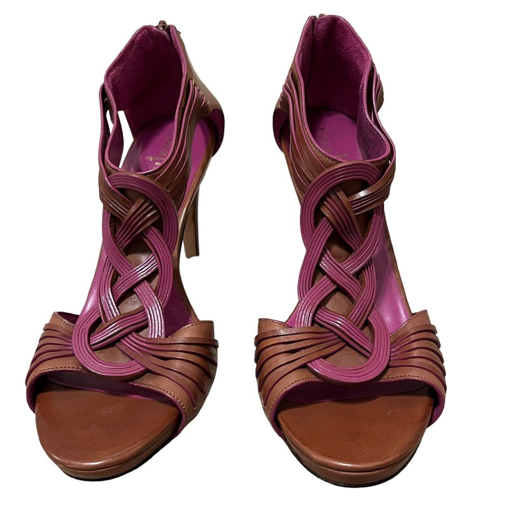 Cole Haan Vivian Brown/Pink Strappy Stiletto Heel Zipper Sandals - Size 8.5 B - Picture 1 of 11